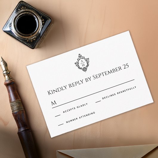 クレスト白黒ヴィンテージウェディングモノグラムアンティーク 出欠カード