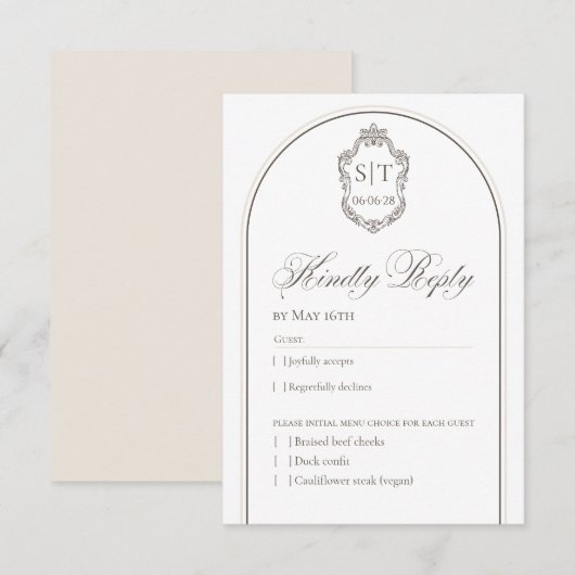 クレスト モノグラム モカ＆クリーム 結婚式 RSVP カード (正面/裏面)
