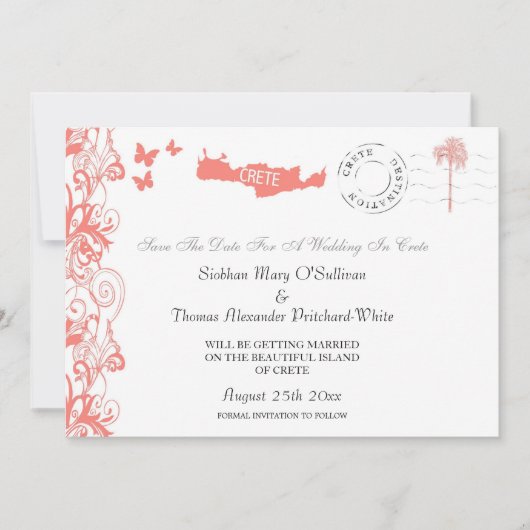 クレタ島のSave The Dateをコーラルピンクとホワイトで 招待状 (正面)
