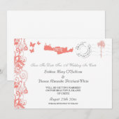 クレタ島のSave The Dateをコーラルピンクとホワイトで 招待状 (正面/裏面)