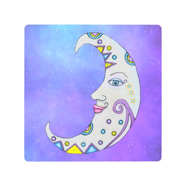 クレッカラフルセントムーン顔金ゴールドスターズパープル メタルプリント (正面)