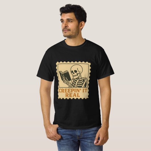 クレピ実在ンのIt - Skeleton Book Lover Halloween Tシャツ (正面フル)