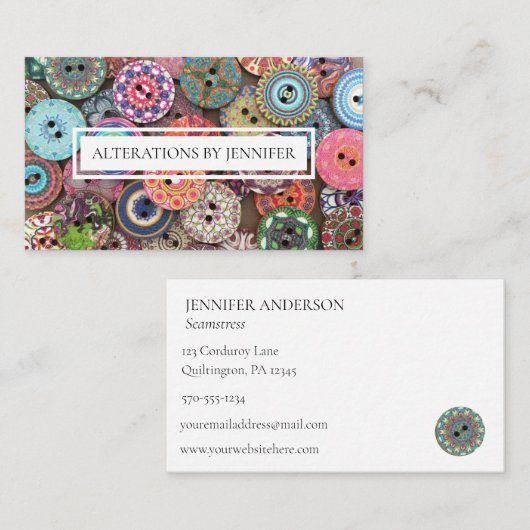 クレフター、シームスカラフルウッドのボタンコラージュ 名刺 (正面/裏面)