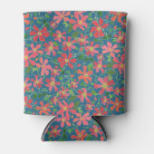 クレマチスピンク、赤、オレンジ色のフローラオン深いブルー 缶クーラー (正面)