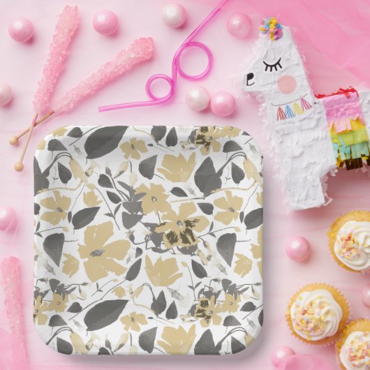 クレマチスフラワーイエローグレーボタニカル ペーパープレート (パーティー)