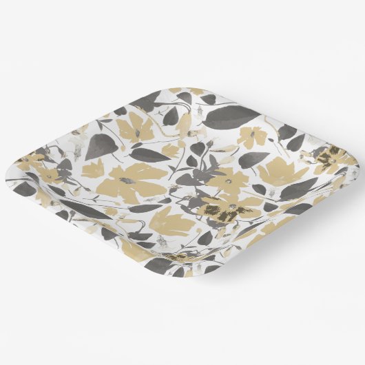 クレマチスフラワーイエローグレーボタニカル ペーパープレート (傾斜あり)