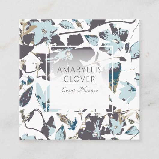 クレマチスフラワーブルブルーブラウンつる植物 スクエア名刺 (正面)