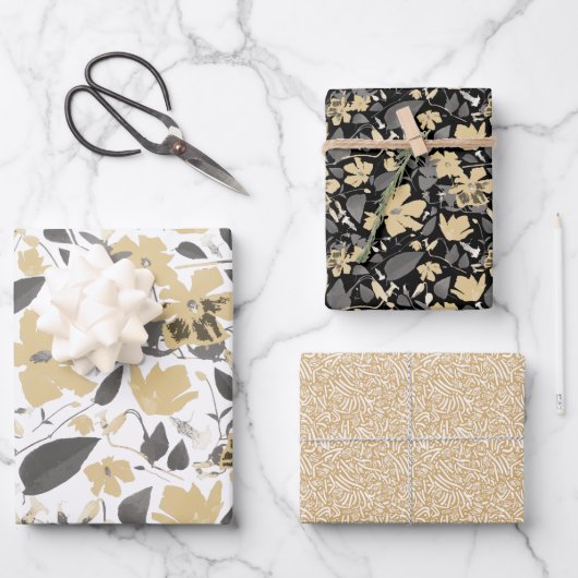クレマチス水彩金ゴールドグレーブラックフローラルパターン ラッピングペーパーシート (正面)