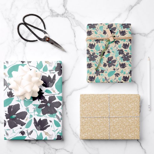 クレマチス・ウォーターカラー・ティールグレー・フラワーパターン ラッピングペーパーシート