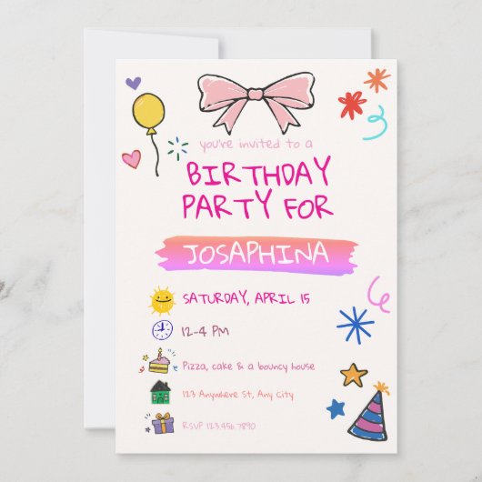 クレヨンで描いたような誕生日パーティーの招待状 - 手描きの子供らしいデザイン 招待状 (正面)