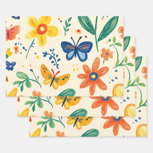 クレヨンと蝶の花 ラッピングペーパーシート (セット)
