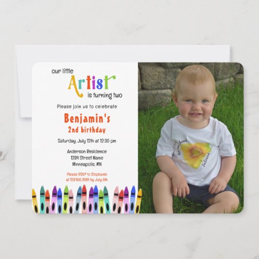 クレヨンのアーティストが2子どもの写真誕生日を回している 招待状 (正面)