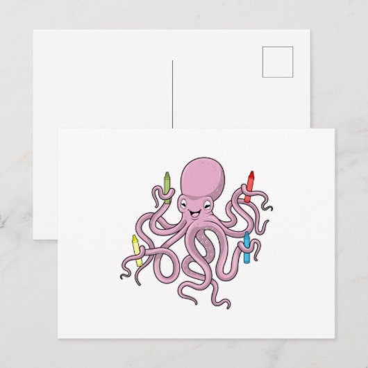 クレヨンを持つタコ ポストカード (正面/裏面)