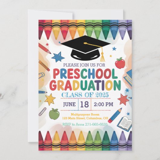 クレヨンカスタマイズをテーマにした就学前の卒業 招待状 (正面)