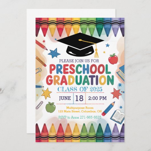 クレヨンカスタマイズをテーマにした就学前の卒業 招待状 (正面/裏面)