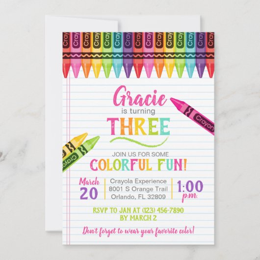 クレヨンカラフルガールアートパーティー誕生日招待状 招待状 (正面)
