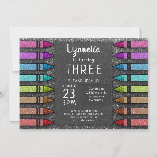 クレヨンカラフルレインボーグリッターアートファースト誕生日 招待状 (正面)