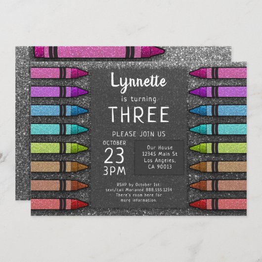 クレヨンカラフルレインボーグリッターアートファースト誕生日 招待状 (正面/裏面)