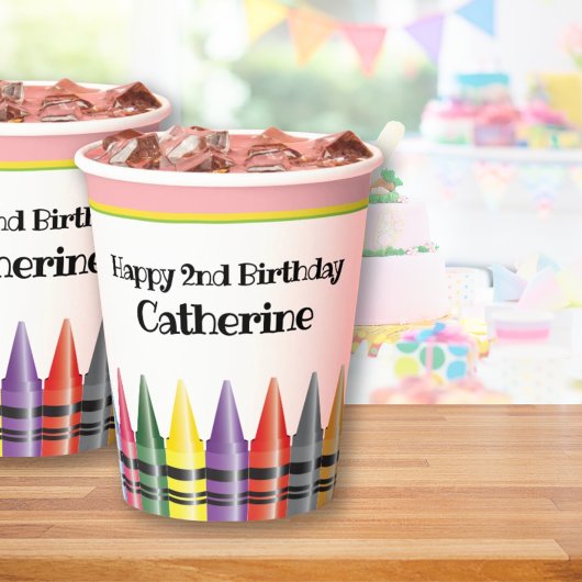 クレヨンハッピーセカンドバースデーピンクグリーンパーティーキッズ 紙コップ