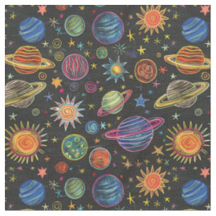 クレヨン惑星と太陽の宇宙パターン ファブリック