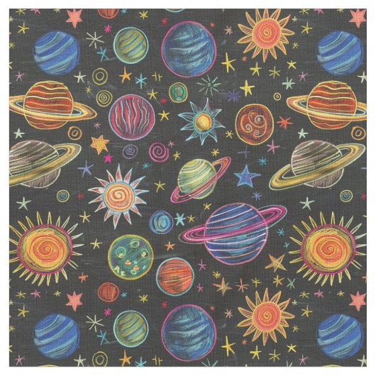 クレヨン惑星と太陽の宇宙パターン ファブリック (クローズアップ)