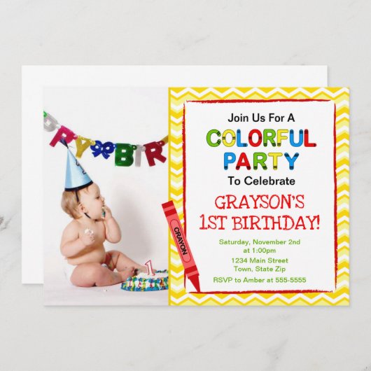 クレヨン1st誕生日パーティの招待状フォトカード 招待状 (正面/裏面)