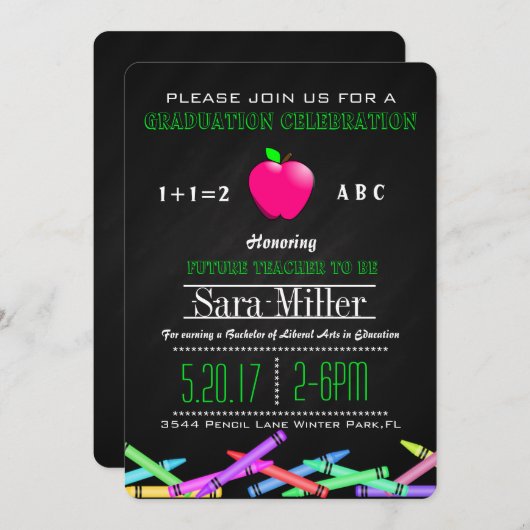 クレヨン&アップル先生卒業招待状 招待状 (正面/裏面)