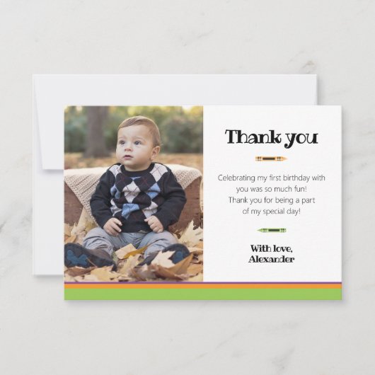 クレヨン 1歳の誕生日 緑色の写真 ありがとうカード サンキューカード (正面)