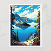 クレーターレイクオレゴンのヴィンテージ旅行イラストレーション ポストカード (正面)