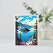 クレーターレイクオレゴンのヴィンテージ旅行イラストレーション ポストカード (スタンド正面)