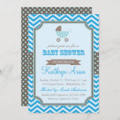 クレードル – 水玉模様とシェブロンブルーベビーシャワー 招待状 (正面/裏面)
