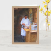クレープの絵を描くことを作っているシェフが付いている挨拶状 カード (黄色い花)
