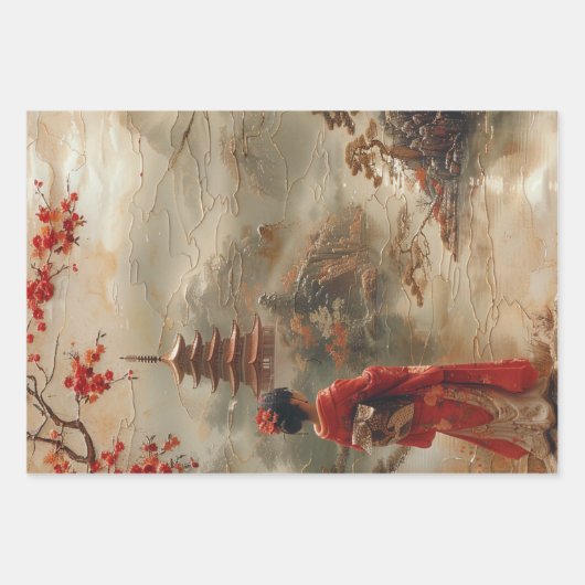 クレーンと東洋の女性のスタイルの切り離 ラッピングペーパーシート (正面2)