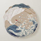 クレーンと波日本ののイラストレーション。伝統的 ラウンドクッション (裏面)