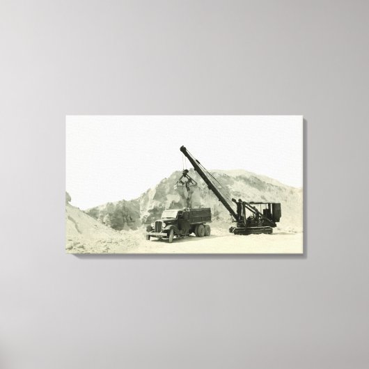 クレーンの操縦士クレーンローディングのトラックのヴィンテージのアンティーク キャンバスプリント (正面)