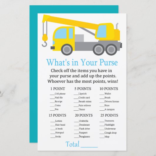 クレーントラックあなたの財布ゲームのベビーシャワーの何が (正面/裏面)