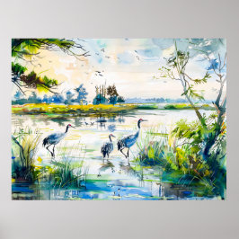 クレーンバイザリバーハベルランドウォーターカラースタイル ポスター