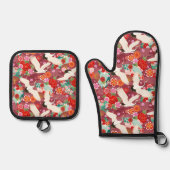 クレーン赤の飛行 鍋つかみ&鍋敷きセット (正面)