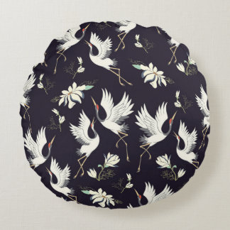 クレーン,パターン,ヴィンテージイラストレーション鳥f ラウンドクッション