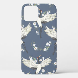 クレーン,パターン,ヴィンテージイラストレーション鳥f iPhone 12ケース