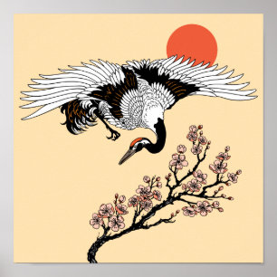 クレ日本のーン鳥とブルーミング桜 ポスター