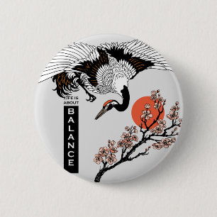 クレ日本のーン鳥とブルーミング桜 缶バッジ