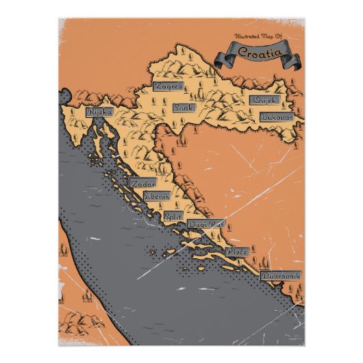 クロアチアヴィンテージの旧地図 ポスター (正面)