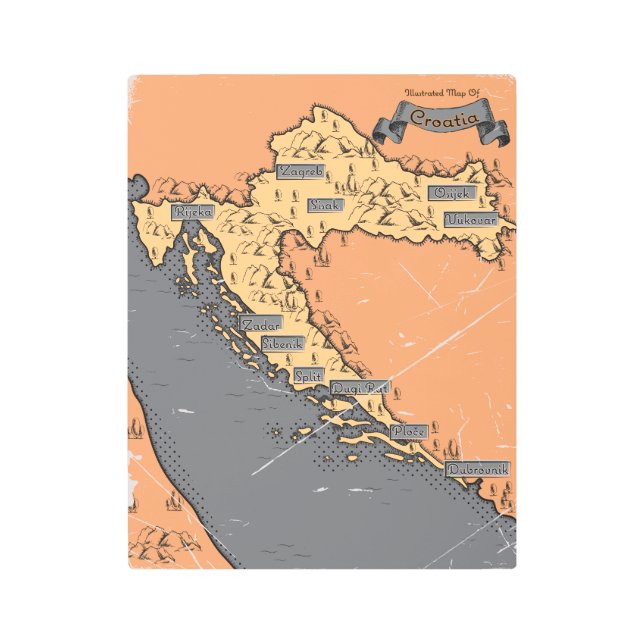 クロアチアヴィンテージの旧地図 メタルプリント (正面)