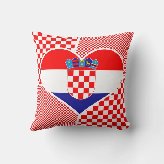 クロアチア国旗と赤い市松模様にハートコラージュ クッション (裏面)