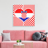 クロアチア国旗のハートコラージュと赤い市松模様にカンヴ州 キャンバスプリント (インサイチュ (リビング))