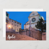 クロアチア，スプリットの階段と教会の夜景 (正面/裏面)