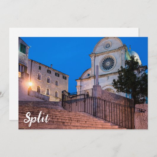 クロアチア，スプリットの階段と教会の夜景 (正面/裏面)