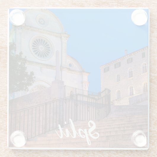 クロアチア，スプリットの階段と教会の夜景 ガラスコースター (裏面)