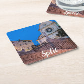 クロアチア，スプリットの階段と教会の夜景 スクエアペーパーコースター (アングル)